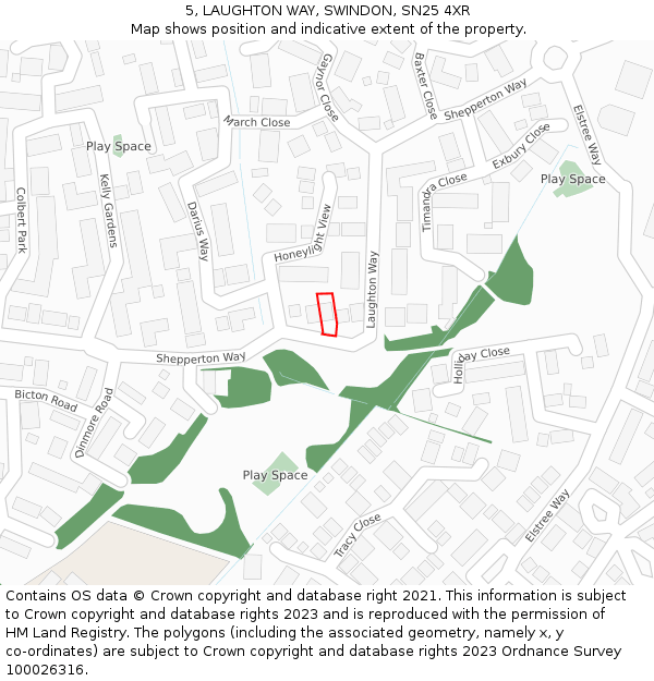 5, LAUGHTON WAY, SWINDON, SN25 4XR: Location map and indicative extent of plot