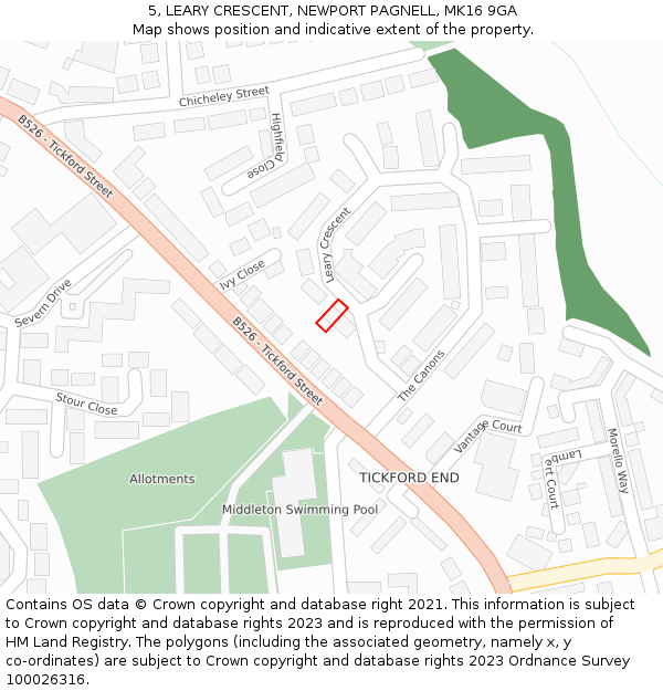 5, LEARY CRESCENT, NEWPORT PAGNELL, MK16 9GA: Location map and indicative extent of plot