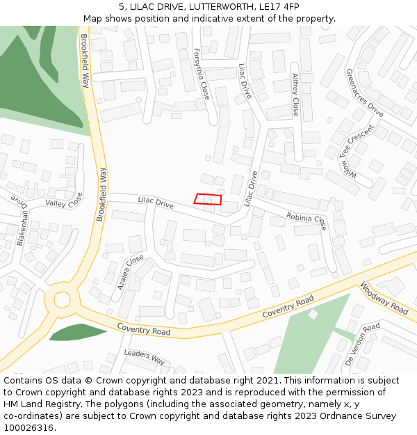 5, LILAC DRIVE, LUTTERWORTH, LE17 4FP: Location map and indicative extent of plot