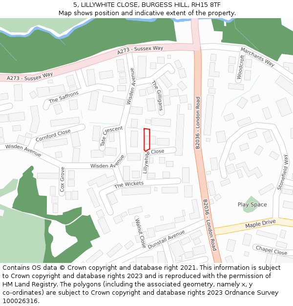 5, LILLYWHITE CLOSE, BURGESS HILL, RH15 8TF: Location map and indicative extent of plot