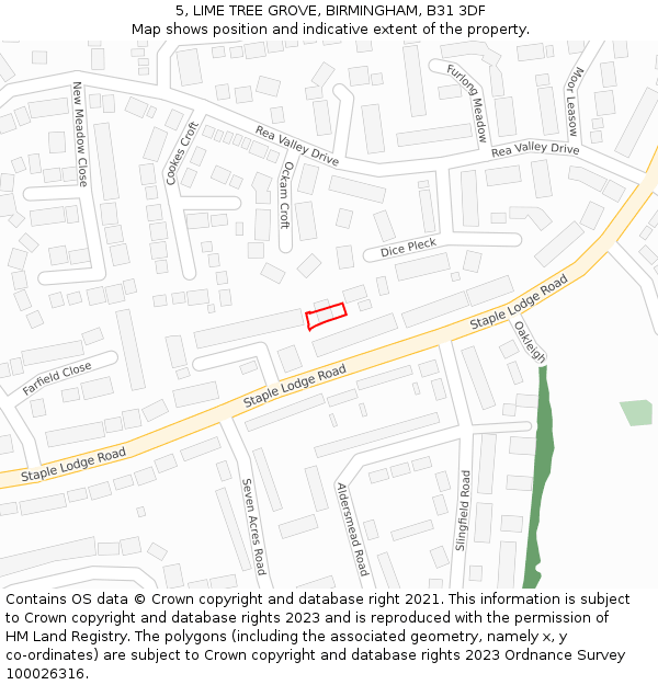 5, LIME TREE GROVE, BIRMINGHAM, B31 3DF: Location map and indicative extent of plot