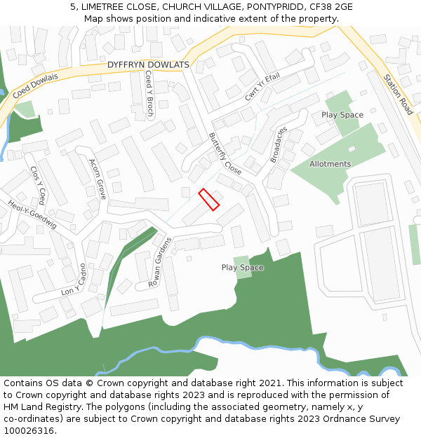 5, LIMETREE CLOSE, CHURCH VILLAGE, PONTYPRIDD, CF38 2GE: Location map and indicative extent of plot