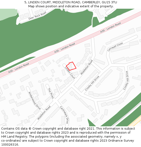 5, LINDEN COURT, MIDDLETON ROAD, CAMBERLEY, GU15 3TU: Location map and indicative extent of plot