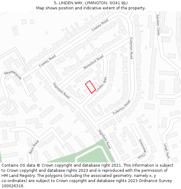 5, LINDEN WAY, LYMINGTON, SO41 9JU: Location map and indicative extent of plot