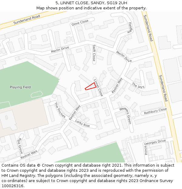 5, LINNET CLOSE, SANDY, SG19 2UH: Location map and indicative extent of plot