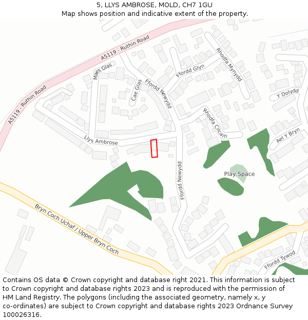 5, LLYS AMBROSE, MOLD, CH7 1GU: Location map and indicative extent of plot