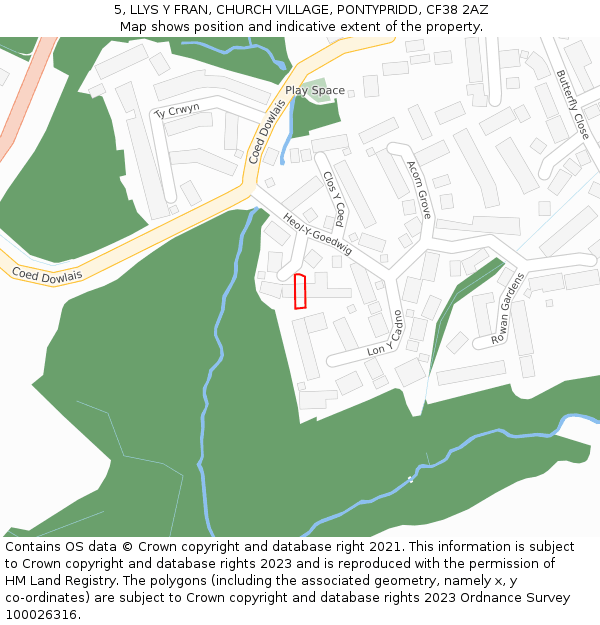 5, LLYS Y FRAN, CHURCH VILLAGE, PONTYPRIDD, CF38 2AZ: Location map and indicative extent of plot