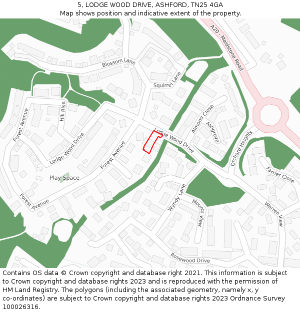 5, LODGE WOOD DRIVE, ASHFORD, TN25 4GA: Location map and indicative extent of plot