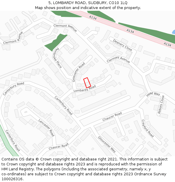 5, LOMBARDY ROAD, SUDBURY, CO10 1LQ: Location map and indicative extent of plot