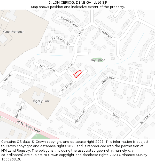 5, LON CEIRIOG, DENBIGH, LL16 3JP: Location map and indicative extent of plot