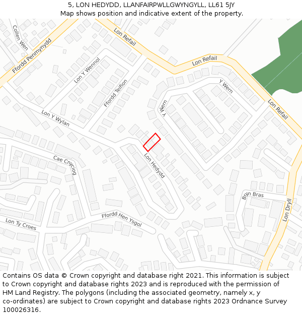 5, LON HEDYDD, LLANFAIRPWLLGWYNGYLL, LL61 5JY: Location map and indicative extent of plot