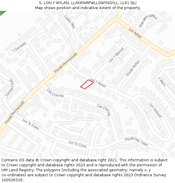 5, LON Y WYLAN, LLANFAIRPWLLGWYNGYLL, LL61 5JU: Location map and indicative extent of plot