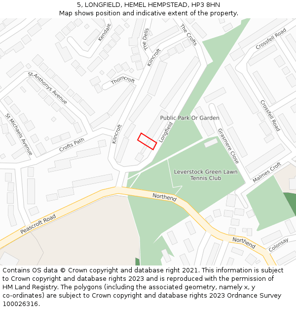 5, LONGFIELD, HEMEL HEMPSTEAD, HP3 8HN: Location map and indicative extent of plot