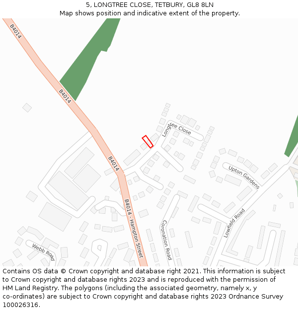 5, LONGTREE CLOSE, TETBURY, GL8 8LN: Location map and indicative extent of plot