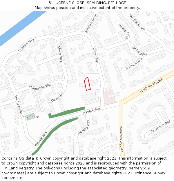 5, LUCERNE CLOSE, SPALDING, PE11 3GE: Location map and indicative extent of plot