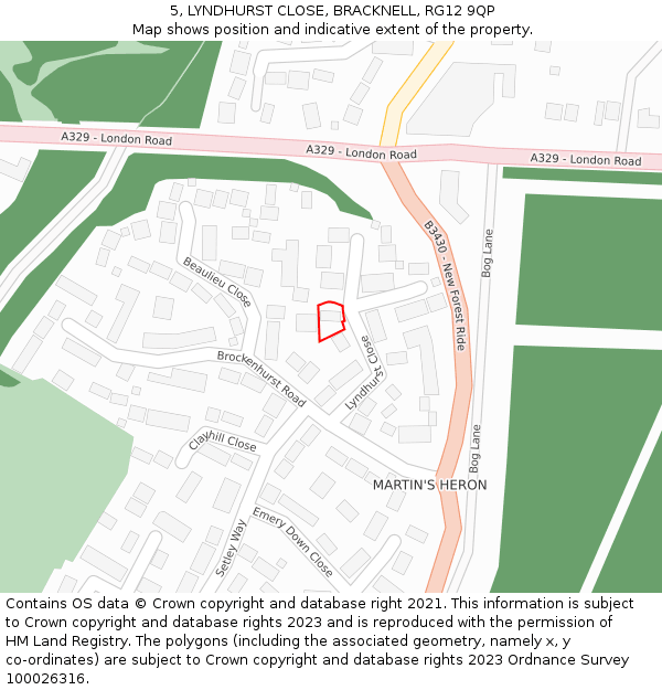 5, LYNDHURST CLOSE, BRACKNELL, RG12 9QP: Location map and indicative extent of plot
