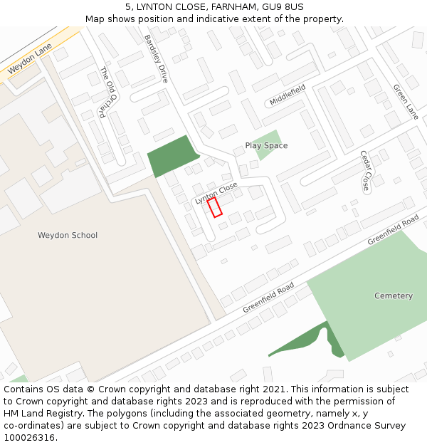 5, LYNTON CLOSE, FARNHAM, GU9 8US: Location map and indicative extent of plot