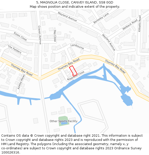 5, MAGNOLIA CLOSE, CANVEY ISLAND, SS8 0GD: Location map and indicative extent of plot