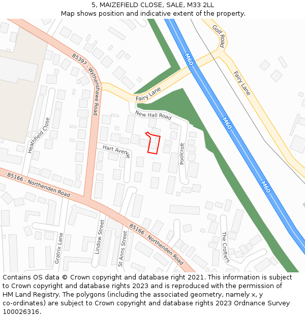 5, MAIZEFIELD CLOSE, SALE, M33 2LL: Location map and indicative extent of plot