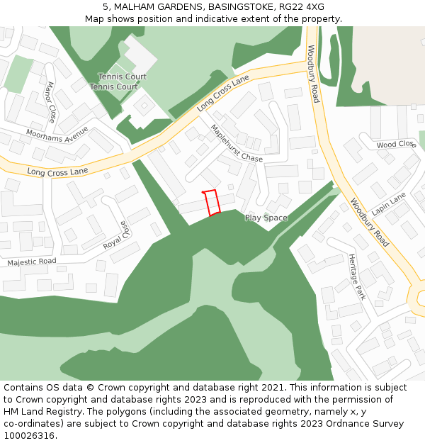 5, MALHAM GARDENS, BASINGSTOKE, RG22 4XG: Location map and indicative extent of plot