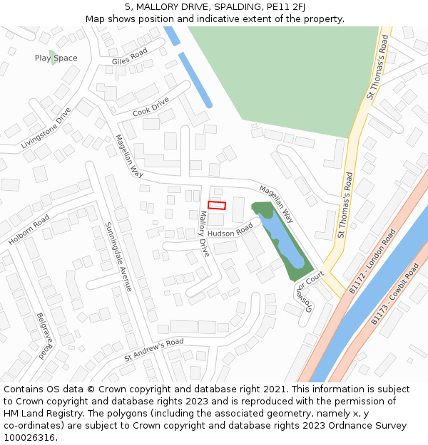 5, MALLORY DRIVE, SPALDING, PE11 2FJ: Location map and indicative extent of plot