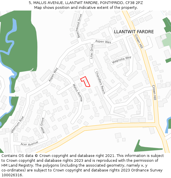 5, MALUS AVENUE, LLANTWIT FARDRE, PONTYPRIDD, CF38 2PZ: Location map and indicative extent of plot