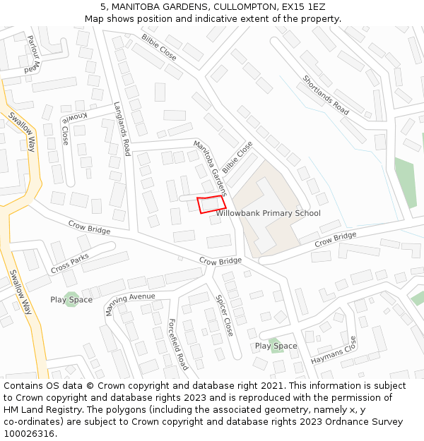 5, MANITOBA GARDENS, CULLOMPTON, EX15 1EZ: Location map and indicative extent of plot