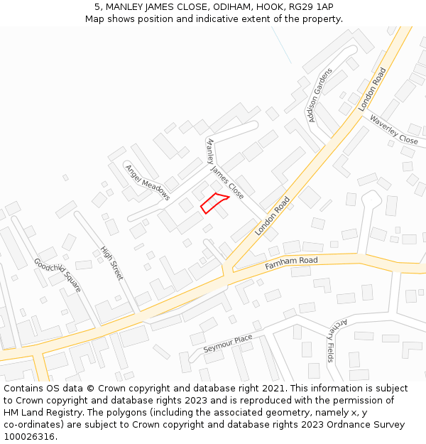 5, MANLEY JAMES CLOSE, ODIHAM, HOOK, RG29 1AP: Location map and indicative extent of plot