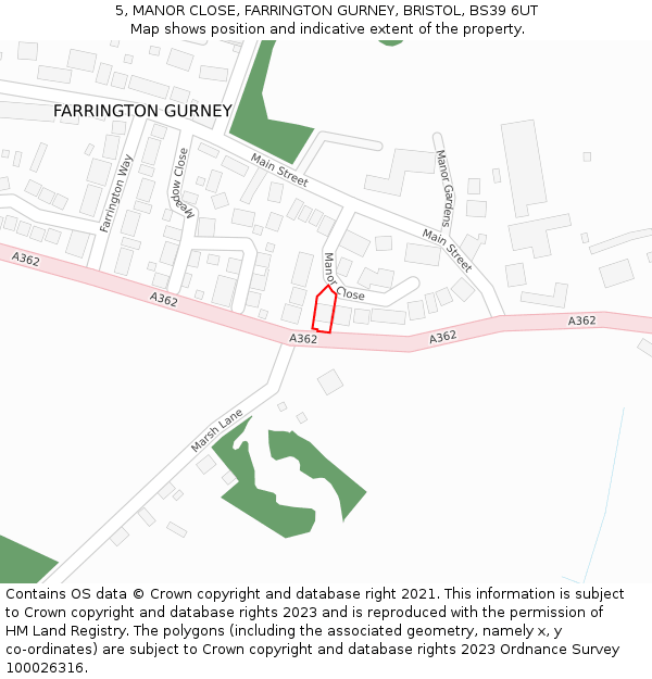 5, MANOR CLOSE, FARRINGTON GURNEY, BRISTOL, BS39 6UT: Location map and indicative extent of plot