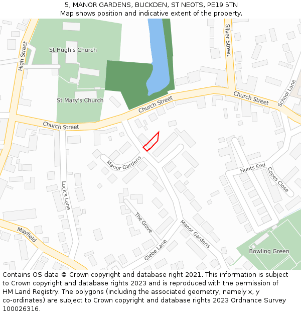 5, MANOR GARDENS, BUCKDEN, ST NEOTS, PE19 5TN: Location map and indicative extent of plot