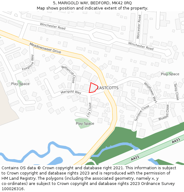 5, MARIGOLD WAY, BEDFORD, MK42 0RQ: Location map and indicative extent of plot