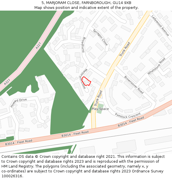 5, MARJORAM CLOSE, FARNBOROUGH, GU14 9XB: Location map and indicative extent of plot