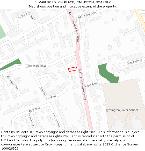 5, MARLBOROUGH PLACE, LYMINGTON, SO41 9LX: Location map and indicative extent of plot