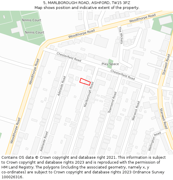 5, MARLBOROUGH ROAD, ASHFORD, TW15 3PZ: Location map and indicative extent of plot