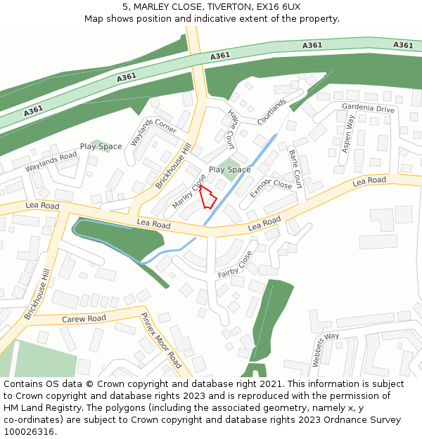 5, MARLEY CLOSE, TIVERTON, EX16 6UX: Location map and indicative extent of plot