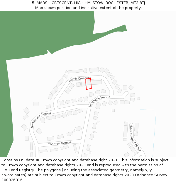 5, MARSH CRESCENT, HIGH HALSTOW, ROCHESTER, ME3 8TJ: Location map and indicative extent of plot