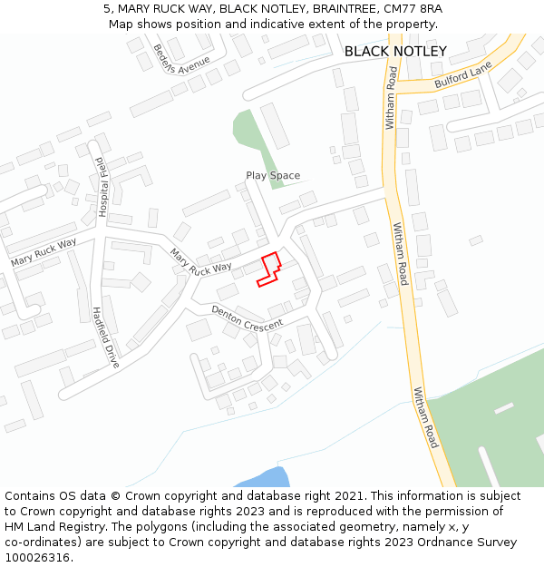 5, MARY RUCK WAY, BLACK NOTLEY, BRAINTREE, CM77 8RA: Location map and indicative extent of plot