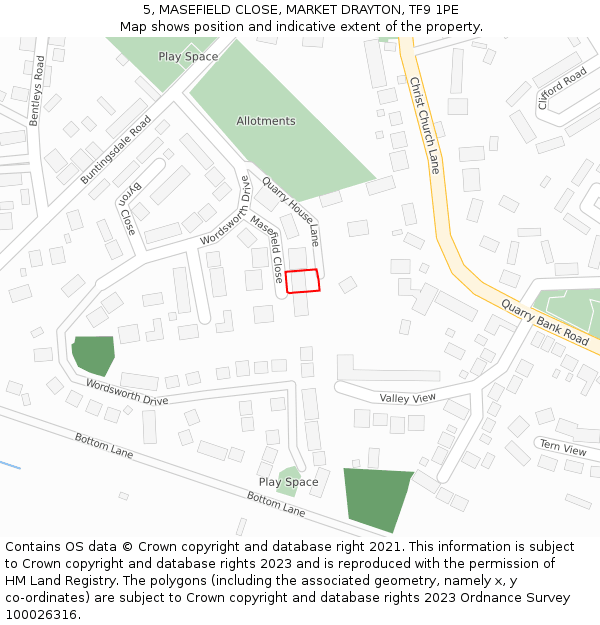 5, MASEFIELD CLOSE, MARKET DRAYTON, TF9 1PE: Location map and indicative extent of plot