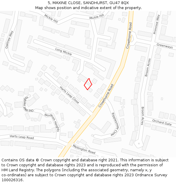 5, MAXINE CLOSE, SANDHURST, GU47 8QX: Location map and indicative extent of plot