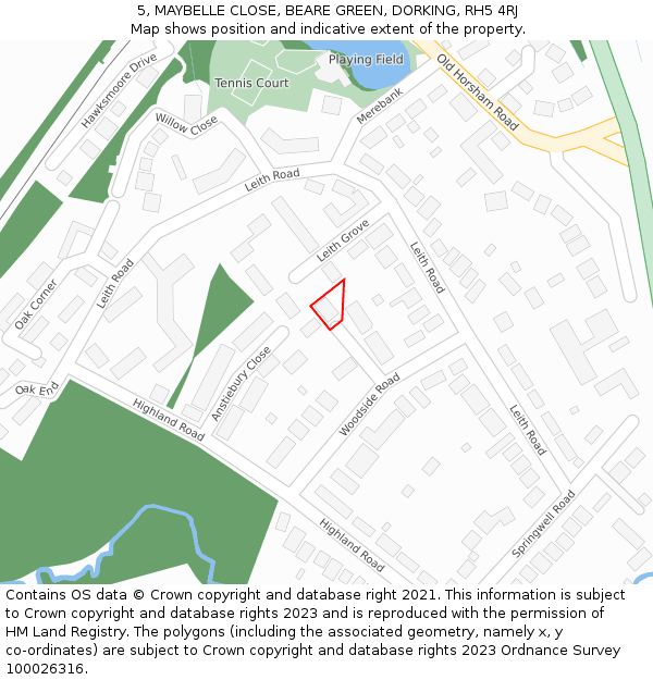 5, MAYBELLE CLOSE, BEARE GREEN, DORKING, RH5 4RJ: Location map and indicative extent of plot