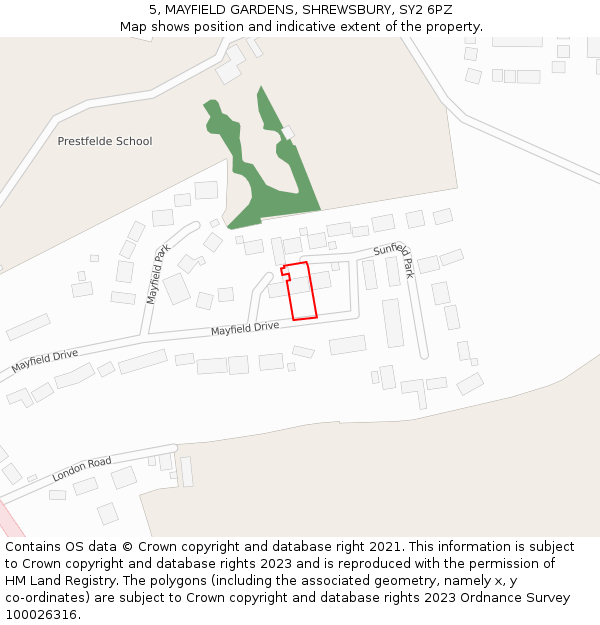 5, MAYFIELD GARDENS, SHREWSBURY, SY2 6PZ: Location map and indicative extent of plot