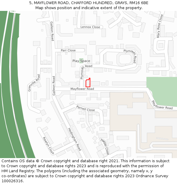 5, MAYFLOWER ROAD, CHAFFORD HUNDRED, GRAYS, RM16 6BE: Location map and indicative extent of plot