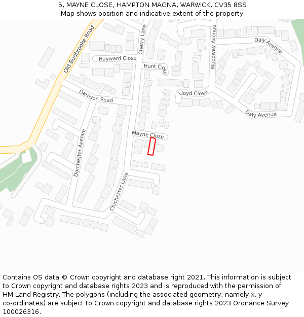 5, MAYNE CLOSE, HAMPTON MAGNA, WARWICK, CV35 8SS: Location map and indicative extent of plot