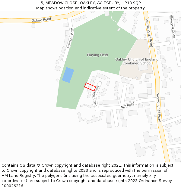 5, MEADOW CLOSE, OAKLEY, AYLESBURY, HP18 9QP: Location map and indicative extent of plot