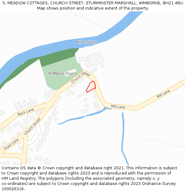 5, MEADOW COTTAGES, CHURCH STREET, STURMINSTER MARSHALL, WIMBORNE, BH21 4BU: Location map and indicative extent of plot