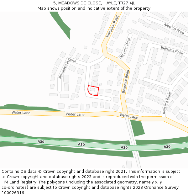 5, MEADOWSIDE CLOSE, HAYLE, TR27 4JL: Location map and indicative extent of plot