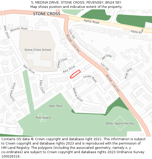 5, MEDINA DRIVE, STONE CROSS, PEVENSEY, BN24 5EY: Location map and indicative extent of plot