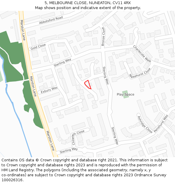 5, MELBOURNE CLOSE, NUNEATON, CV11 4RX: Location map and indicative extent of plot