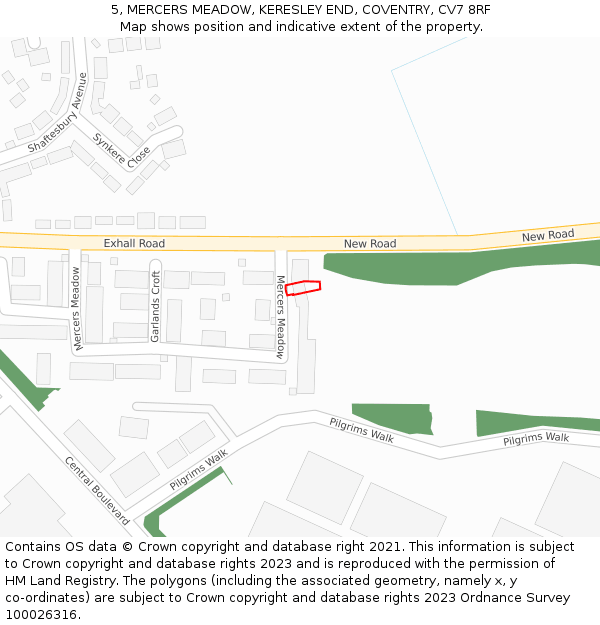 5, MERCERS MEADOW, KERESLEY END, COVENTRY, CV7 8RF: Location map and indicative extent of plot