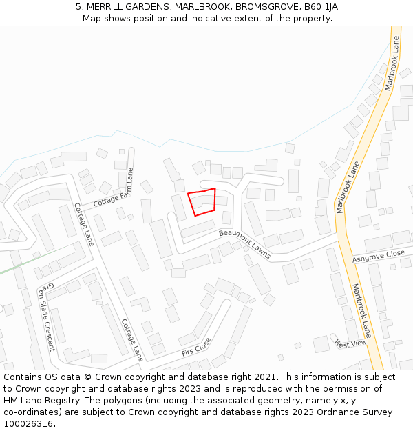 5, MERRILL GARDENS, MARLBROOK, BROMSGROVE, B60 1JA: Location map and indicative extent of plot